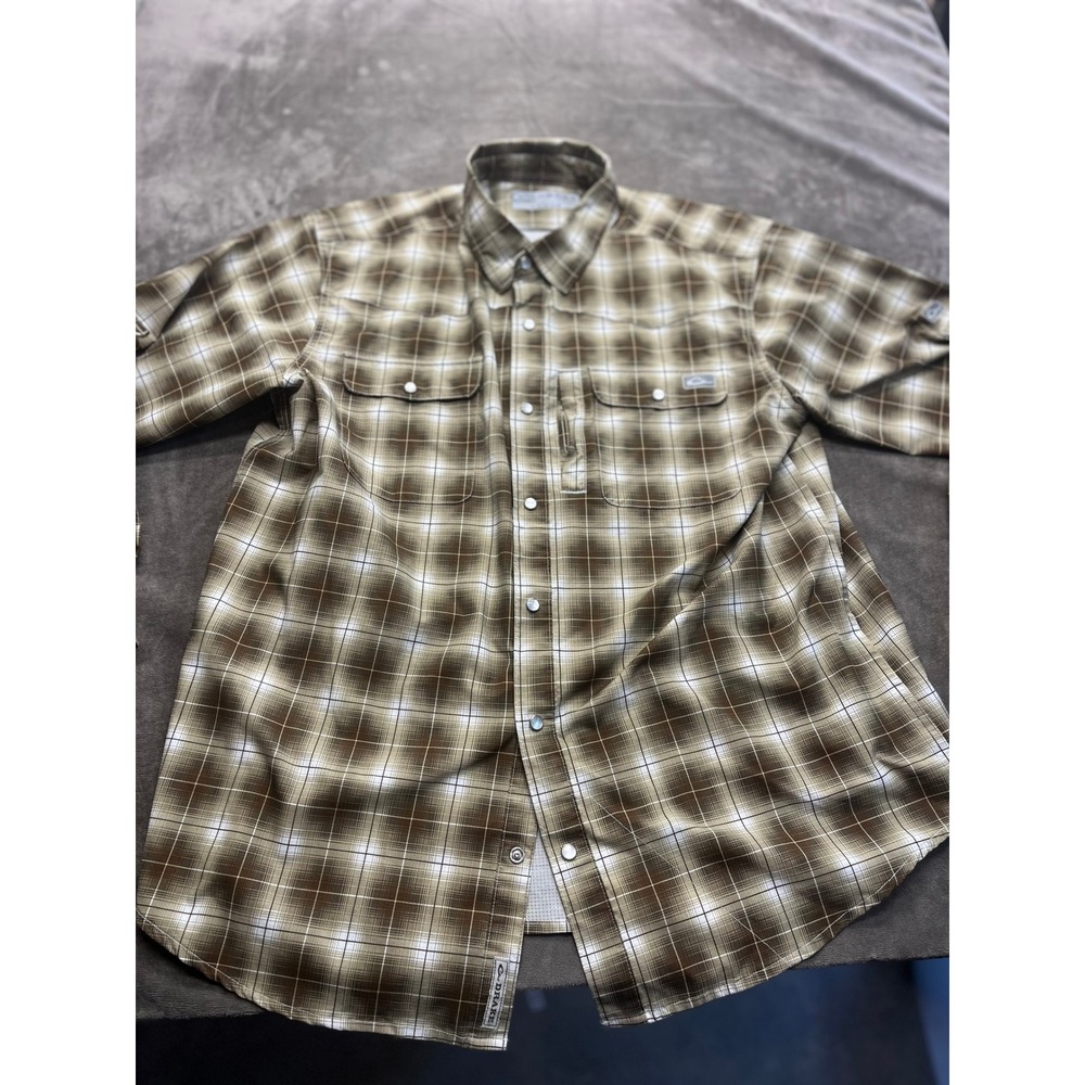 Drake Waterfowl Wingshooter Shirt Mens Large Brown Plaid Pearl Snap‎ Fishing L